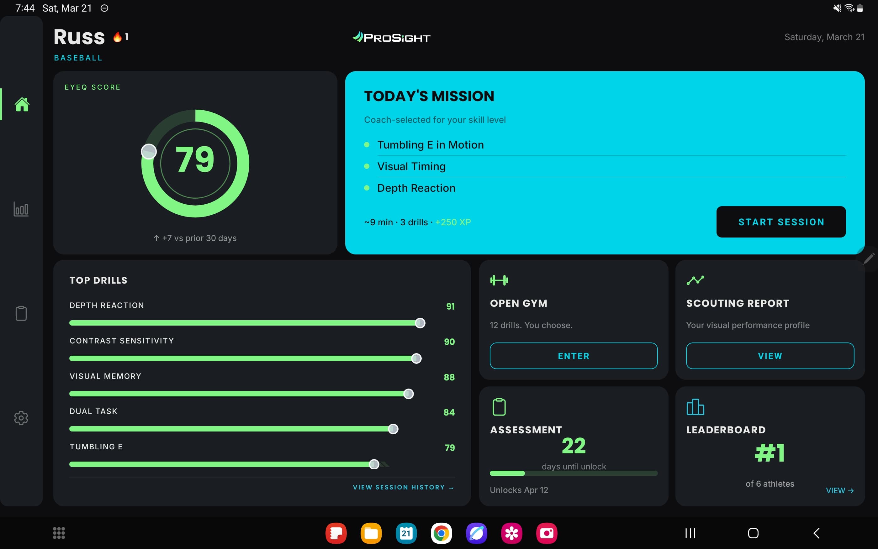 ProSight training home screen showing EyeQ score, daily mission, and drill progress bars